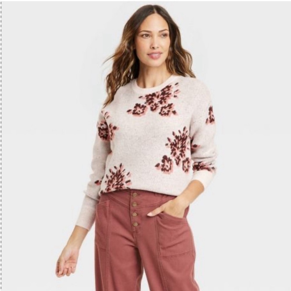 KNOX ROSE crew neck sweater floral print cream pink size M